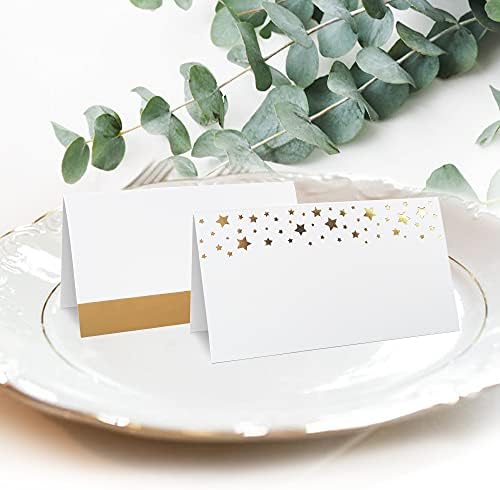 100 Pack Gold Place Cards for Wedding Party Reception, 2" X 3.5, Double Design, Gold Foil Stars and Line, Scored, alternate