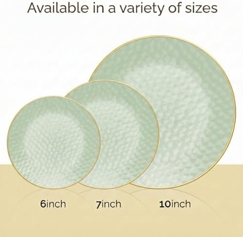 100 Pack Green Plastic Plates - 6 Inch Hammered With Gold Rim, Sturdy, Durable And Extra Heavy duty Green, alternate view 4
