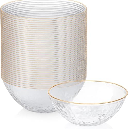 100 Pack Hammered Gold Plastic Bowls Disposable Heavy Duty - 12 Oz Clear Plastic Bowls For Parties - Premium
