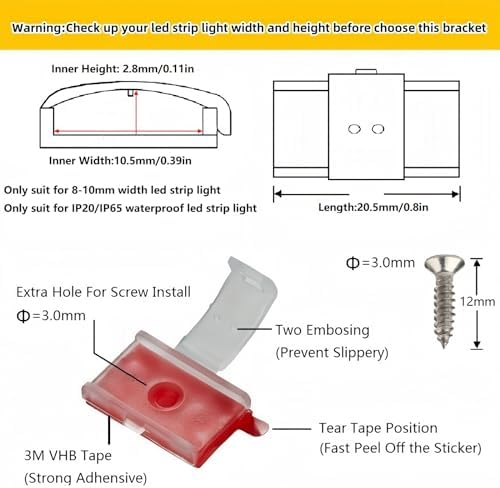 100 Pack Strip Light Clips LED Strip Light Mounting Clip for 8-10mm IP20/65, alternate view 3