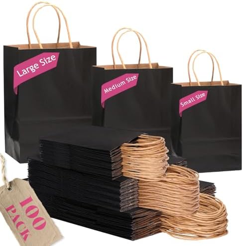 100-Packs Black Paper Gift Bags with Handles Bulk Assorted Sizes(33pcs Large 13", 33pcs Medium 11", 34pcs Small