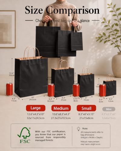 100-Packs Black Paper Gift Bags with Handles Bulk Assorted Sizes(33pcs Large 13", 33pcs Medium 11", 34pcs Small, alternate