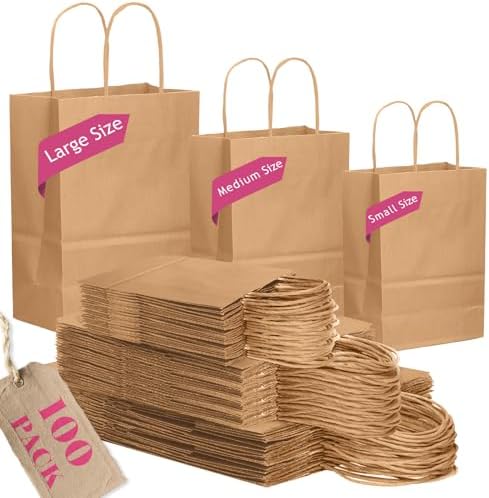100-Packs Brown Paper Gift Bags with Handles Bulk Assorted Sizes(33pcs Large 13", 33pcs Medium 11", 34pcs Small