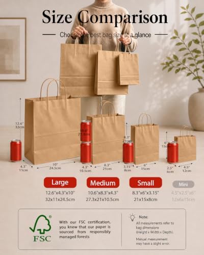 100-Packs Brown Paper Gift Bags with Handles Bulk Assorted Sizes(33pcs Large 13", 33pcs Medium 11", 34pcs Small, alternate
