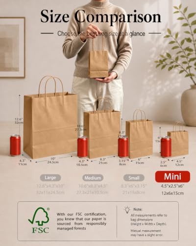 100-Packs Mini Size Paper Gift Bags with Handles Bulk 4.5"×2.5"×6" Brown Gift Bags Multiple Uses in Mini - 100, alternate