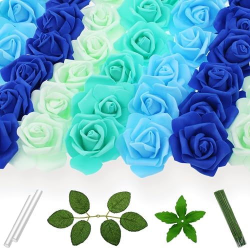 100 Pcs 3 in Large Artificial Rose Head Bulk (4-Tone Blue Green)