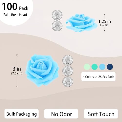 100 Pcs 3 in Large Artificial Rose Head Bulk (4-Tone Blue Green), alternate view 2