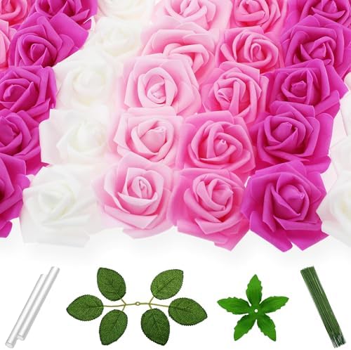100 Pcs 3 in Large Artificial Rose Head Bulk (4-Tone Pink White) in 02 (Pink/Light Pink/Hot Pink/White) 4-color