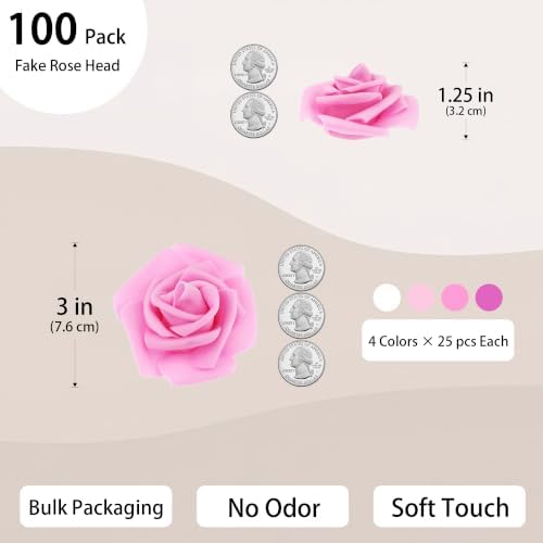 100 Pcs 3 in Large Artificial Rose Head Bulk (4-Tone Pink White) in 02 (Pink/Light Pink/Hot Pink/White) 4-color, alternate