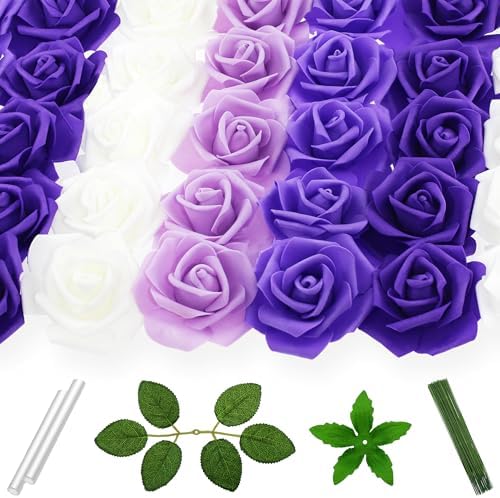 100 Pcs 3 in Large Artificial Rose Head Bulk (4-Tone Purple White) in 04 (Dark Purple/Purple/Light Purple/White)