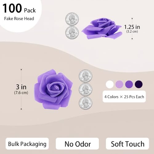 100 Pcs 3 in Large Artificial Rose Head Bulk (4-Tone Purple White) in 04 (Dark Purple/Purple/Light Purple/White), alternate