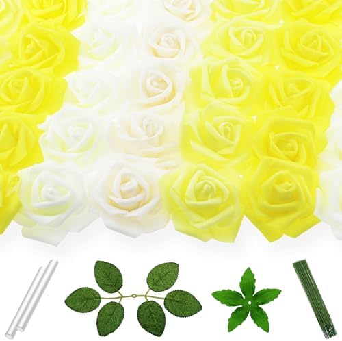 100 Pcs 3 in Large Artificial Rose Head Bulk (4-Tone Yellow Ivory)