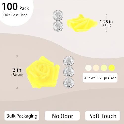 100 Pcs 3 in Large Artificial Rose Head Bulk (4-Tone Yellow Ivory), alternate view 2