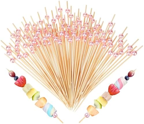 100 Pcs 6 Inch Long Pink Pearl Skewers Cocktail Picks, Party Favors in Pink