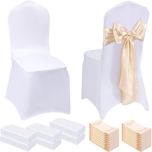100 Pcs Chair Covers Set, White, Champagne Gold in White