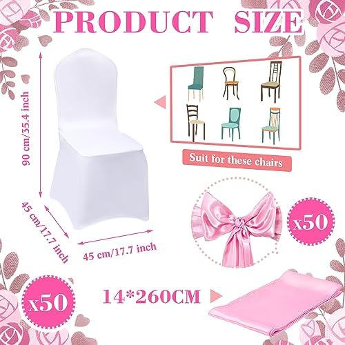 100 Pcs Chair Covers Set, White, Pink in Pink, alternate view 3