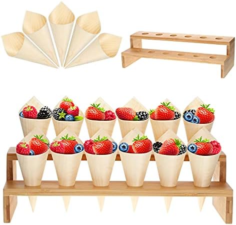 100 Pcs Charcuterie Cone with Food Cone Holder 13 x 5 in, Straight, Bamboo in Straight