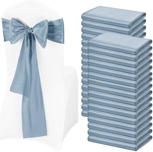 100 Pcs Dusty Blue Satin Chair Sashes Ties, 7×108inch in 7×108inch
