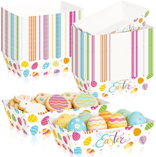 100 Pcs Easter Food Trays, Happy Easter Decor Serving Trays, 2 Style Disposable Paper Spring Decor, Large