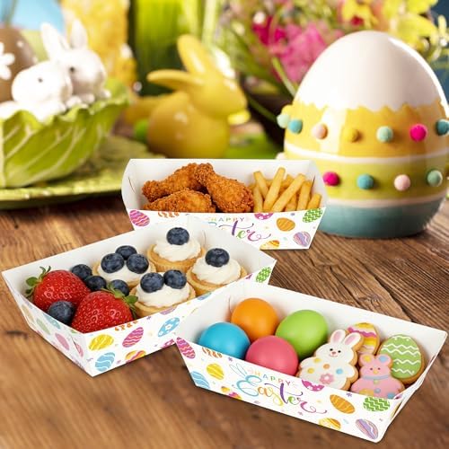 100 Pcs Easter Food Trays, Happy Easter Decor Serving Trays, 2 Style Disposable Paper Spring Decor, Large, alternate view 2