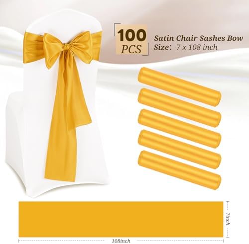 100 Pcs Gold Satin Chair Sashes Ties, 7×108inch in 7×108inch, alternate view 3