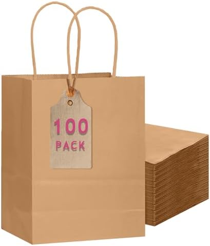100-Pcs Medium Size Paper Gift Bags with Handles Bulk 7.6"x4.75"x10.5" Brown Gift Bags Multiple Uses in Medium
