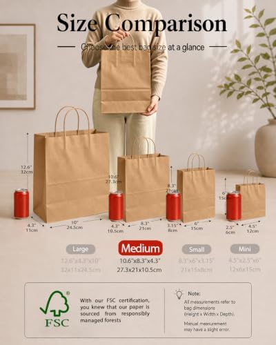 100-Pcs Medium Size Paper Gift Bags with Handles Bulk 7.6"x4.75"x10.5" Brown Gift Bags Multiple Uses in Medium, alternate