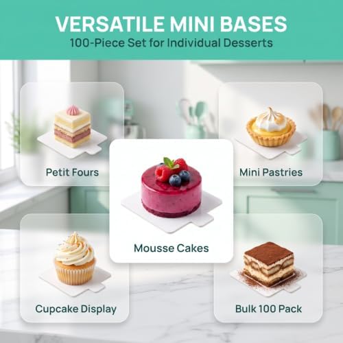 100 Pcs Mini Square Cake Boards, 3.74 x 2.95 Inch White Dessert Bases for Mousse Cakes, Pastries, Cupcakes and, alternate