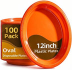 100 Pcs Orange Plastic Plates 10x12 Inch | Oval Orange Plates for Party in 100 Count in Orange
