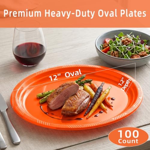 100 Pcs Orange Plastic Plates 10x12 Inch | Oval Orange Plates for Party in 100 Count in Orange, alternate view 4