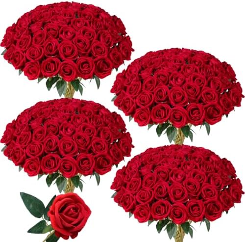 100 PCS Red Roses Artificial Flowers, Fake Roses with Stems Realistic Silk Roses for DIY Wedding Bouquets Tables
