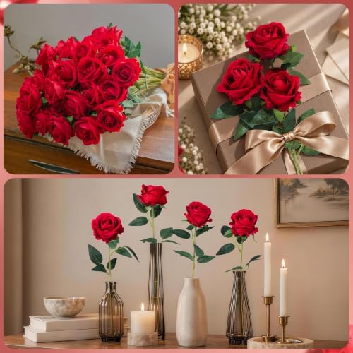 100 PCS Red Roses Artificial Flowers, Fake Roses with Stems Realistic Silk Roses for DIY Wedding Bouquets Tables, alternate
