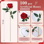 100 PCS Red Roses Artificial Flowers, Fake Roses with Stems Realistic Silk Roses for DIY Wedding Bouquets Tables, alternate