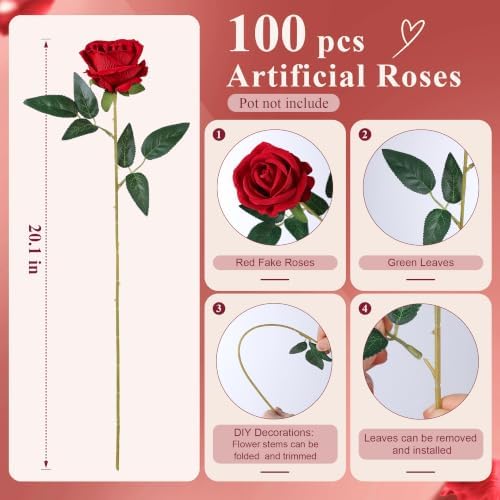 100 PCS Red Roses Artificial Flowers, Fake Roses with Stems Realistic Silk Roses for DIY Wedding Bouquets Tables, alternate