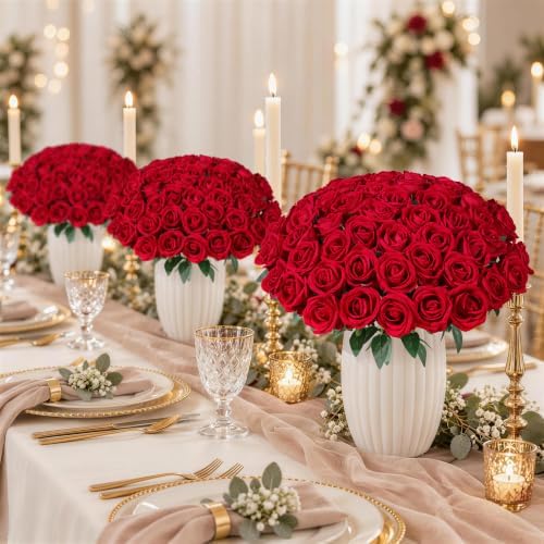 100 PCS Red Roses Artificial Flowers, Fake Roses with Stems Realistic Silk Roses for DIY Wedding Bouquets Tables, alternate