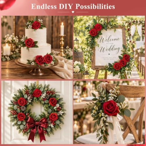 100 PCS Red Roses Artificial Flowers, Fake Roses with Stems Realistic Silk Roses for DIY Wedding Bouquets Tables, alternate