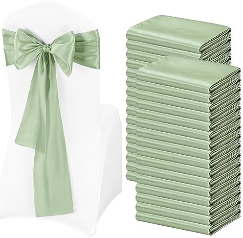 100 Pcs Sage Green Satin Chair Sashes Ties, 7×108inch in 7×108inch