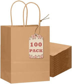 100-Pcs Small Size Paper Gift Bags with Handles Bulk 8.26"×6"×3.15" Brown Gift Bags Multiple Uses in Small - 100