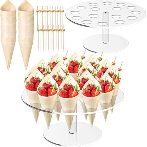 100 Wood Cones with Picks Ice Cream Cone Holder Stand 16 Holes in Transparent, Wood, Gold