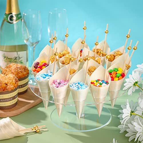 100 Wood Cones with Picks Ice Cream Cone Holder Stand 16 Holes in Transparent, Wood, Gold, alternate view 2