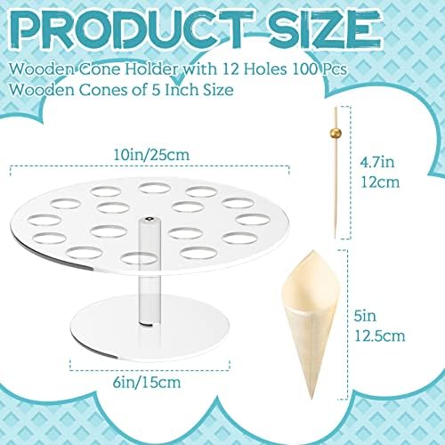 100 Wood Cones with Picks Ice Cream Cone Holder Stand 16 Holes in Transparent, Wood, Gold, alternate view 3