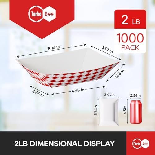 1000 Pack 2lb Red White Checkered Paper Food Trays, 1000 Pack Bulk - Commercial Heavy Duty Grease Resistant, alternate view 3