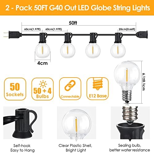 100Ft(2x50Ft) Outdoor String Lights, G40 Globe Patio Lights with 50+4 Waterproof Hanging LED Bulbs for Balcony, alternate