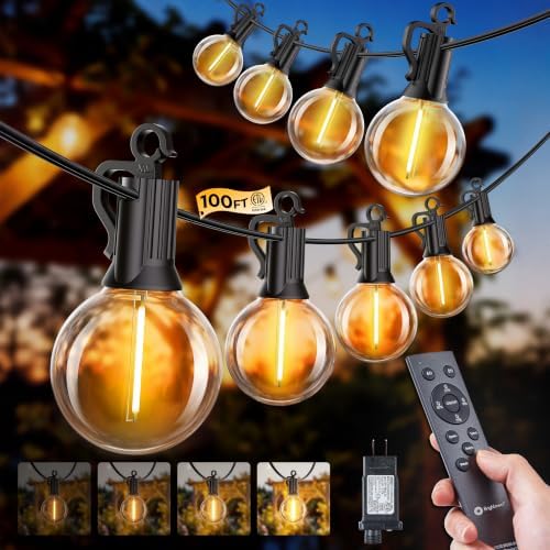 100FT 31 Bulbs Outdoor String Lights with Remote & Dimmable in Black