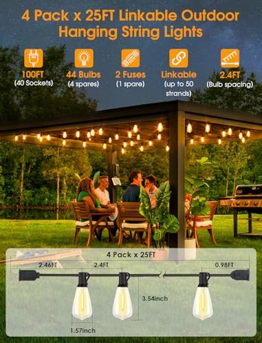 100FT(4x25FT) Outdoor String Lights, Patio Lights with 40+4 LED Dimmable Waterproof Linkable ST38 Edison Bulbs, alternate