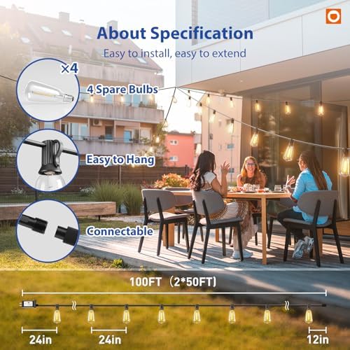 100FT(50FT*2) Outdoor String Lights ST38 LED with Remote Waterproof, alternate view 5