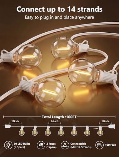 100FT G40 LED White String Lights Outdoor, Connectable Patio Globe String Lights with 52 Shatterproof LED Bulbs, alternate