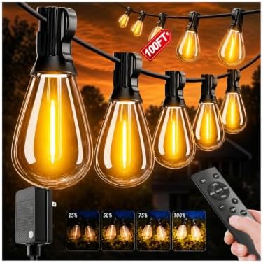 100FT LED Outdoor String Lighats with Remote Waterproof Patio Lights with Shatterproof S11 Bulbs, Dimmable