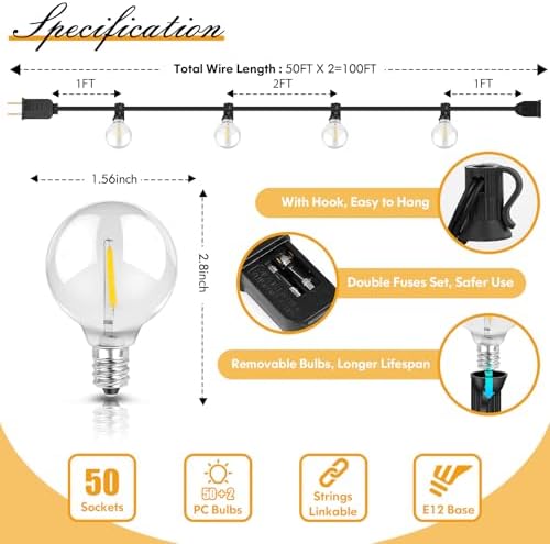 100FT LED Outdoor String Lights Patio Light with 52 Shatterproof G40 Dimmable Globe Bulb, 2-Pack 50FT Waterproof, alternate