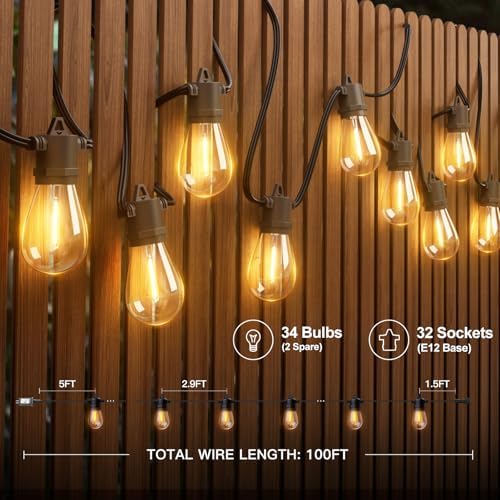 100FT LED Outdoor String Lights, Waterproof Dimmable Bulbs for Patio, alternate view 5